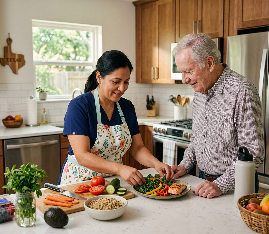 Caregiver preparing healthy meal for elderly person in a modern kitchen