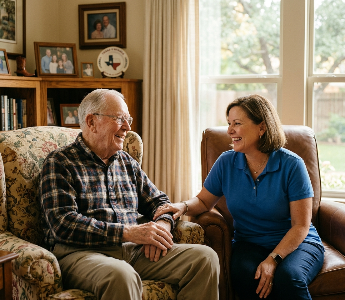 Caregiver talking and spending time with elderly man in home companionship care