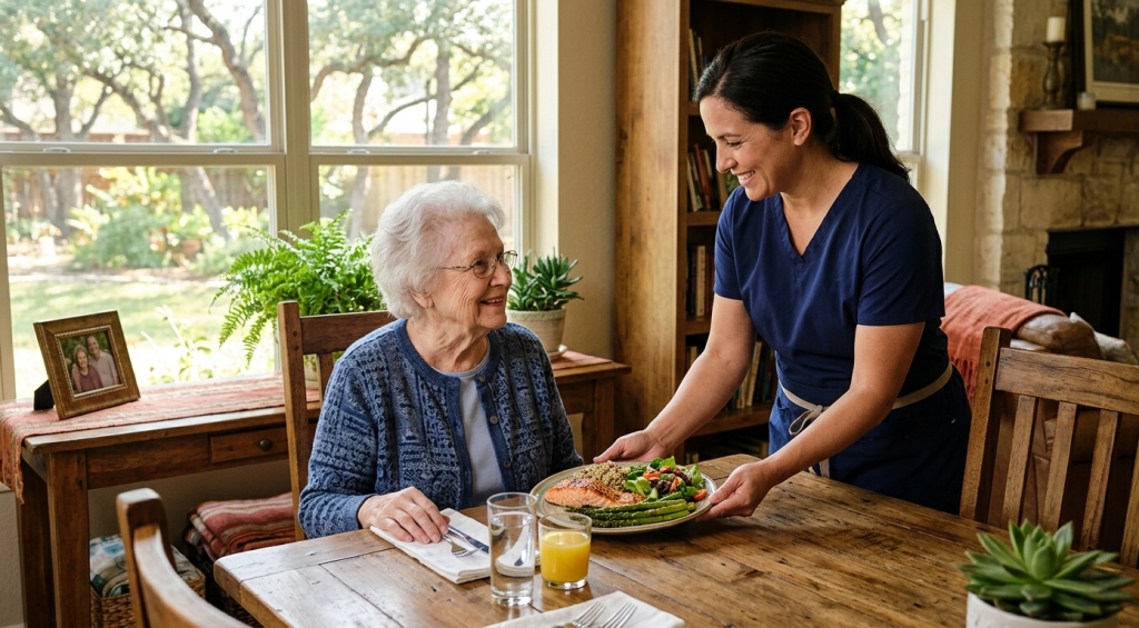 Caregiver serving nutritious meal to elderly person in Texas home