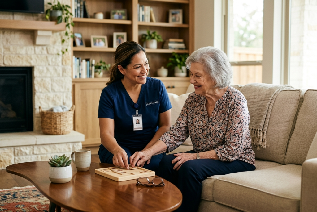 Compassionate caregiver providing personalized home care support to elderly person in Texas home