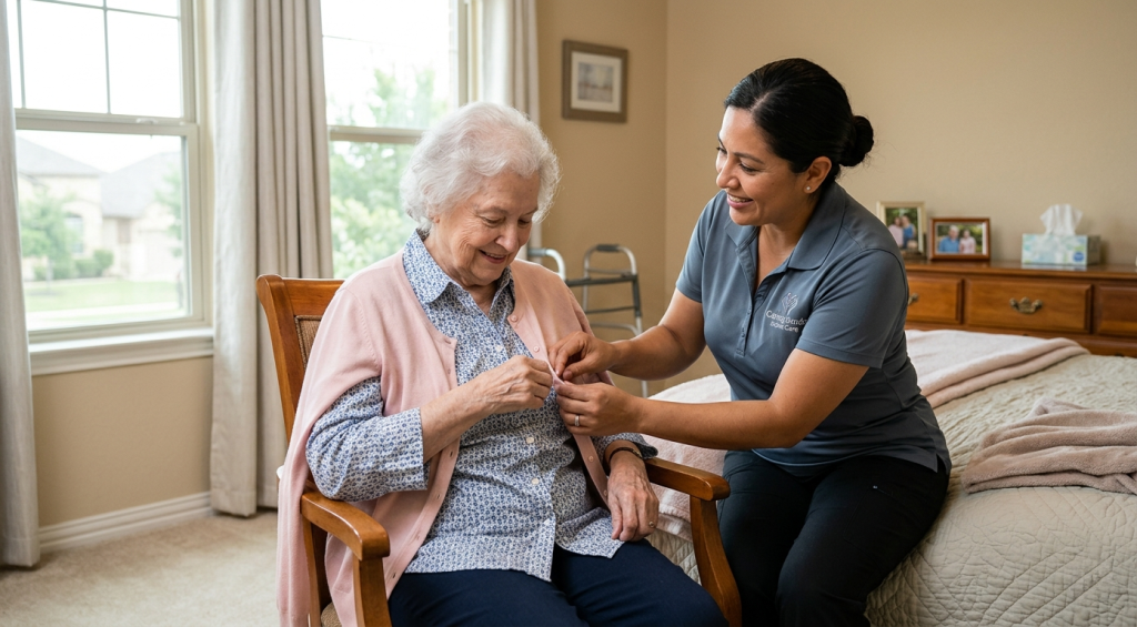 Caregiver assisting senior with daily personal care services in Texas home