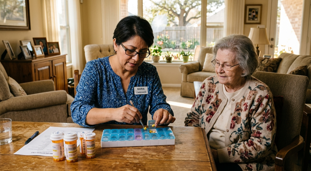 Caregiver organizing medication pills for elderly person in Texas home care