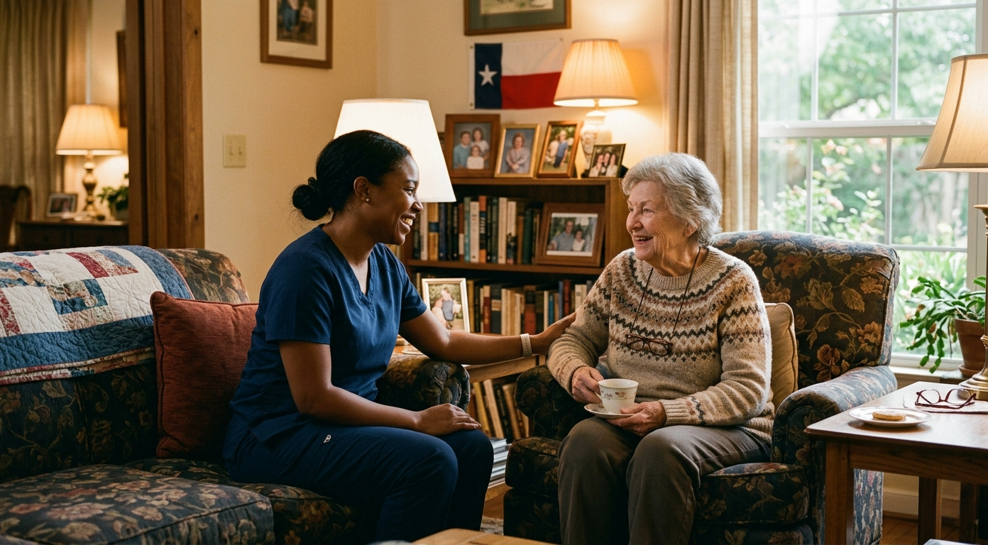 Caregiver providing companionship and emotional support to senior in Texas home