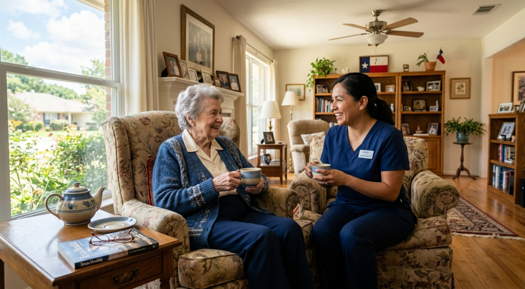 Caregiver sharing friendly companionship and conversation with senior in Texas home