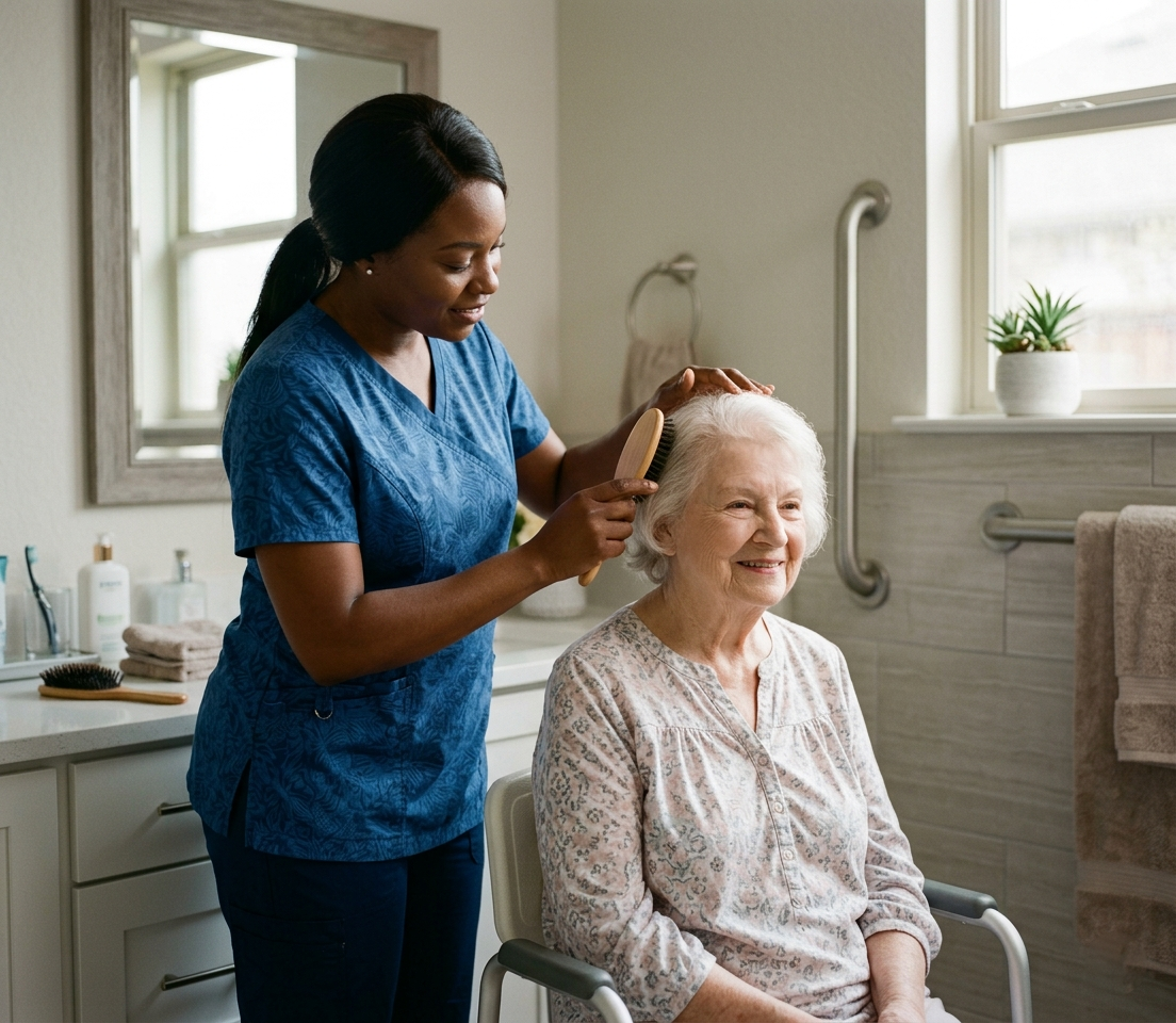 Caregiver assisting elderly woman with personal care in a warm home in Texas
